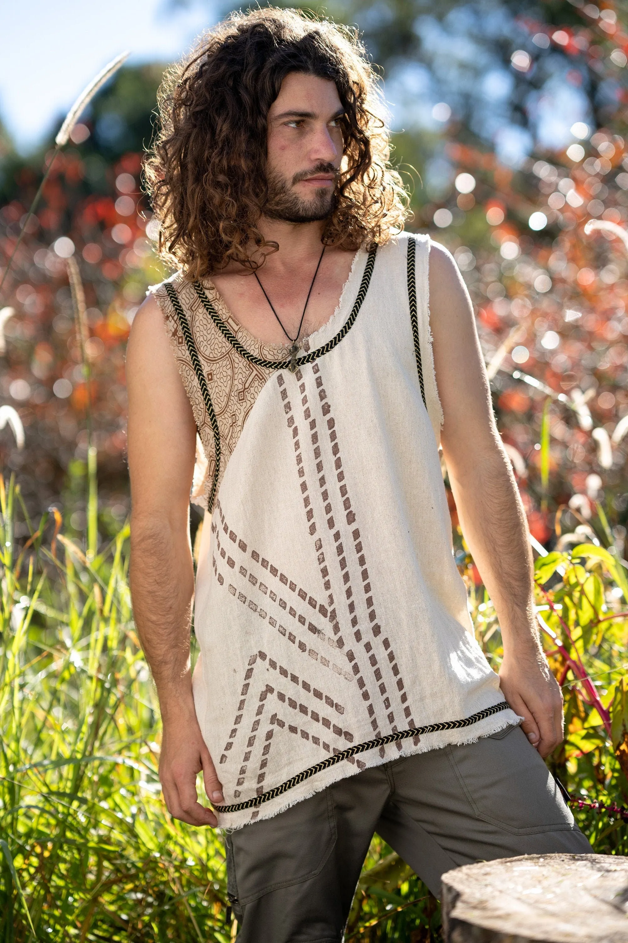 MUKTI Beige Mens Sleeveless Tank Top Shipibo and Block Print combo on cotton gypsy festival shirt ethnic eclectic Tribal breathable AJJAYA