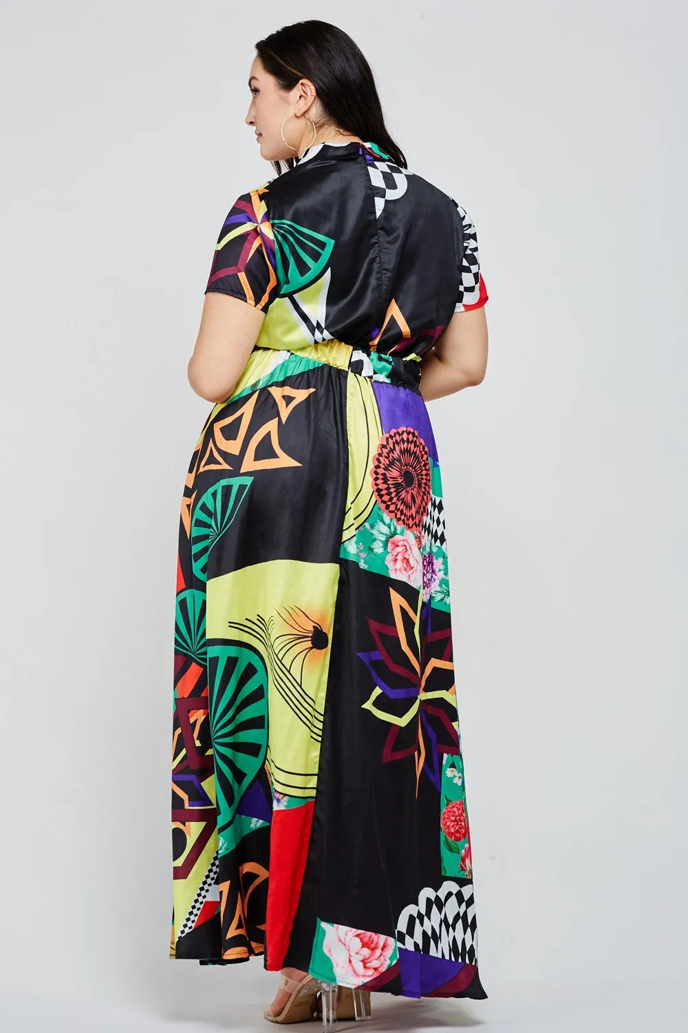 Multi-Color Abstract Print Boho Black Maxi Dress