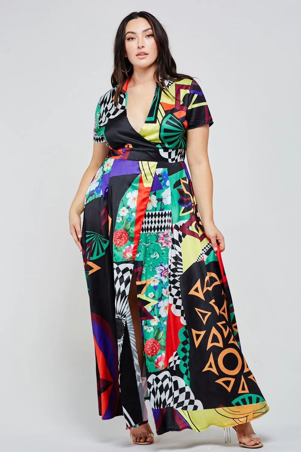 Multi-Color Abstract Print Boho Black Maxi Dress