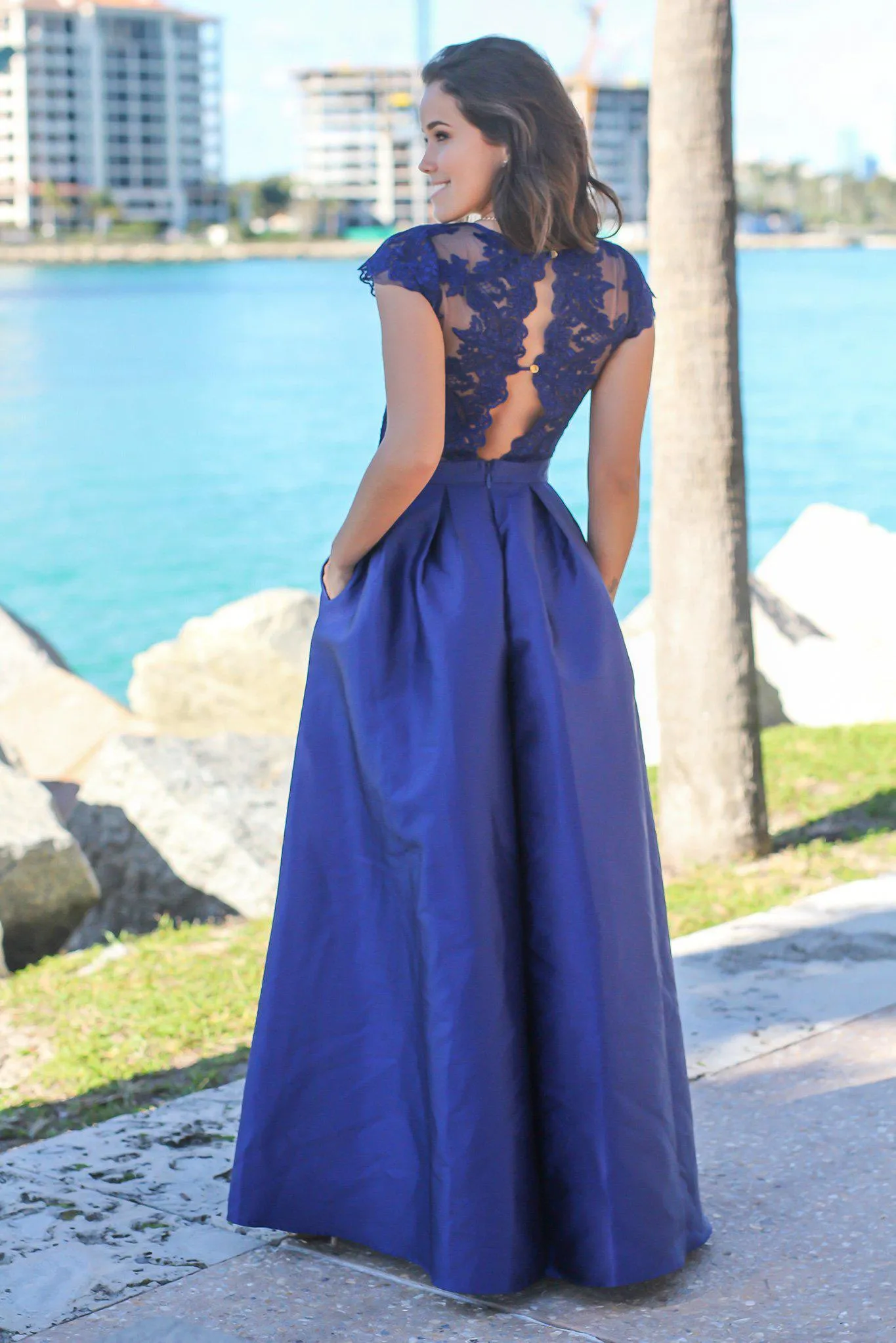 Navy V-Neck Maxi Dress with Embroidered Top