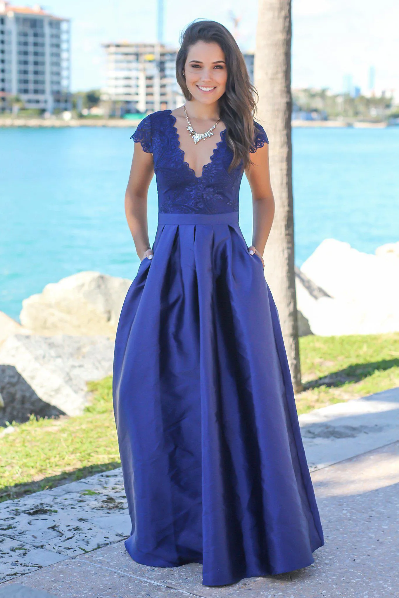 Navy V-Neck Maxi Dress with Embroidered Top