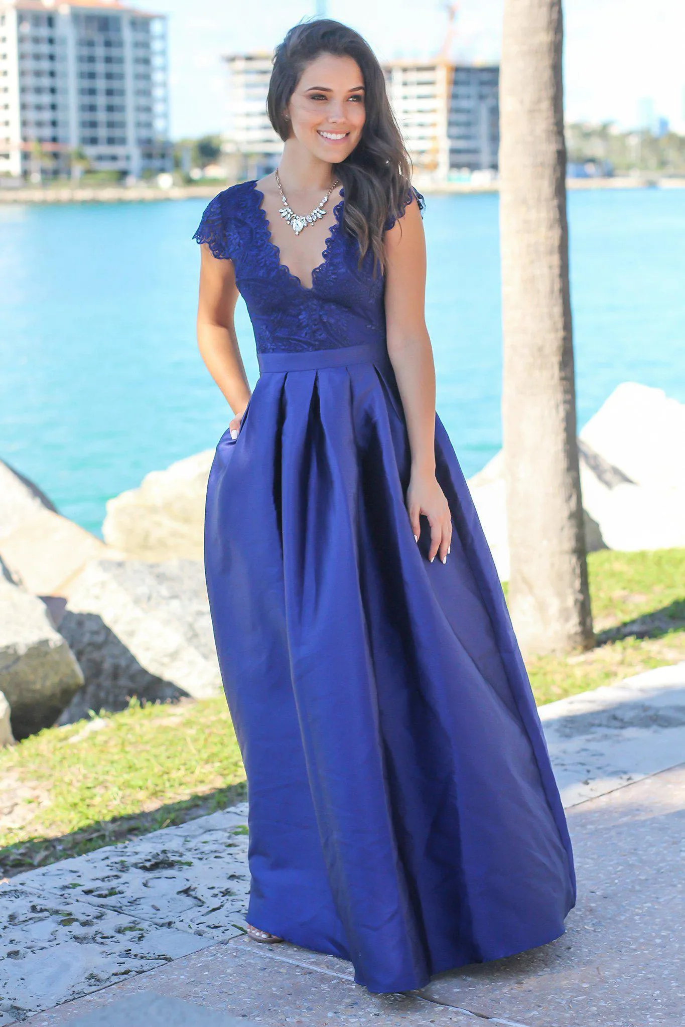 Navy V-Neck Maxi Dress with Embroidered Top