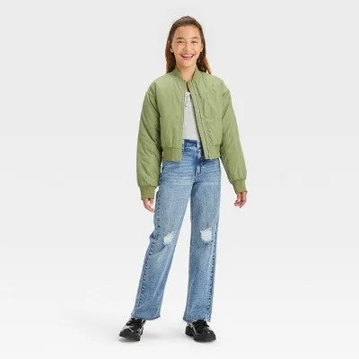 New - Girls' Cropped Bomber Jacket - art class Olive Green XL