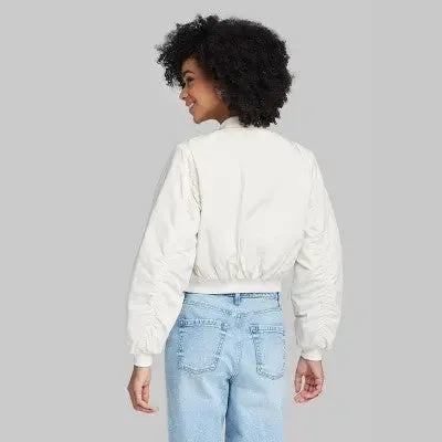 New - Wild Fable Women's Zip-Up Cropped Winter Bomber Jacket Utility Pockets