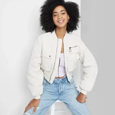 New - Wild Fable Women's Zip-Up Cropped Winter Bomber Jacket Utility Pockets