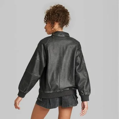 New - Wild Fable Women's Zip-Up Winter Faux Leather Bomber Jacket Distressed