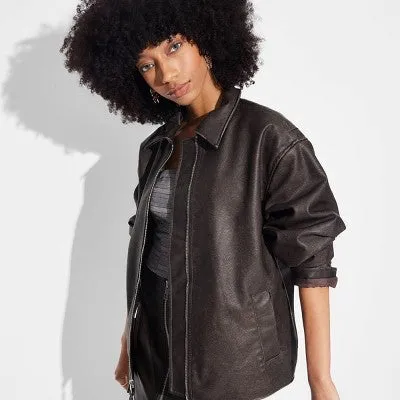 New - Women's Faux Leather Oversized Bomber Jacket - Wild Fable