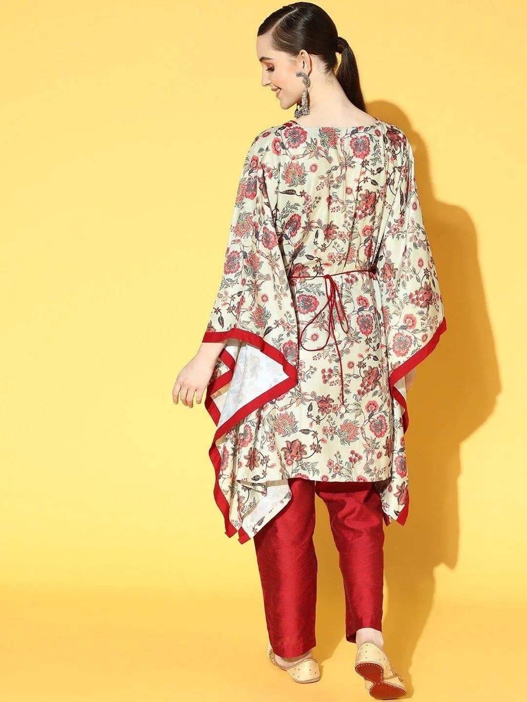 Off White And Red Floral Printed Kaftan With Silk Trouser And Mirror Work Embellished Belt