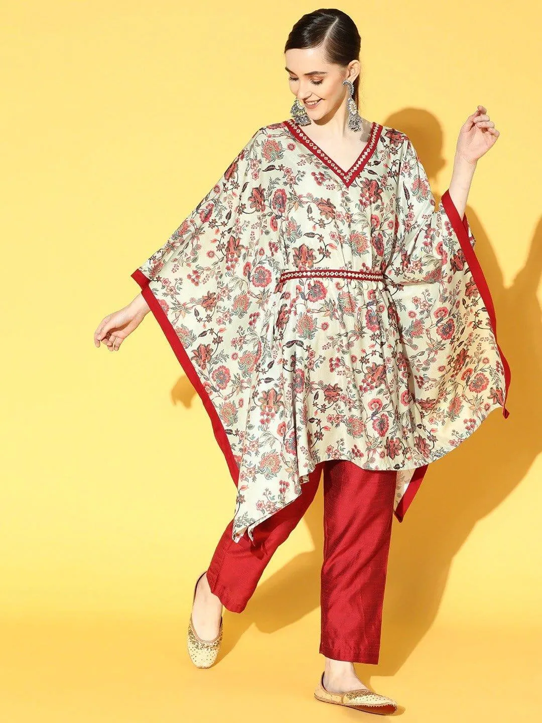 Off White And Red Floral Printed Kaftan With Silk Trouser And Mirror Work Embellished Belt