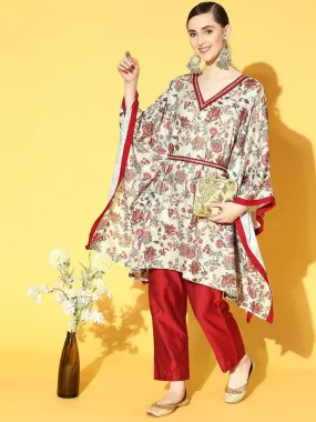 Off White And Red Floral Printed Kaftan With Silk Trouser And Mirror Work Embellished Belt