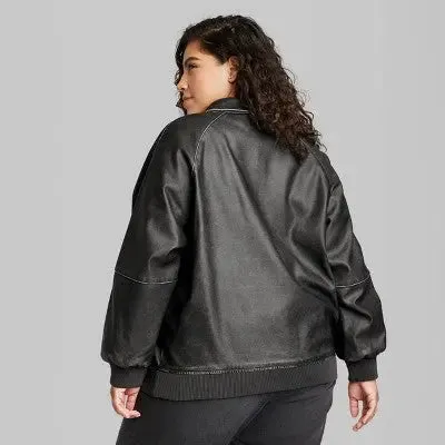 Open Box - Women's Distressed Faux Leather Bomber Jacket - Wild Fable