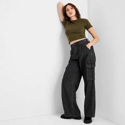 Open Box - Women's High-Rise Wide Leg Denim Cargo Pants - Universal Thread