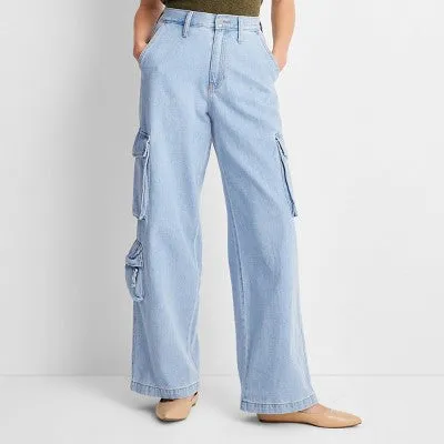 Open Box - Women's High-Rise Wide Leg Denim Cargo Pants - Universal Thread