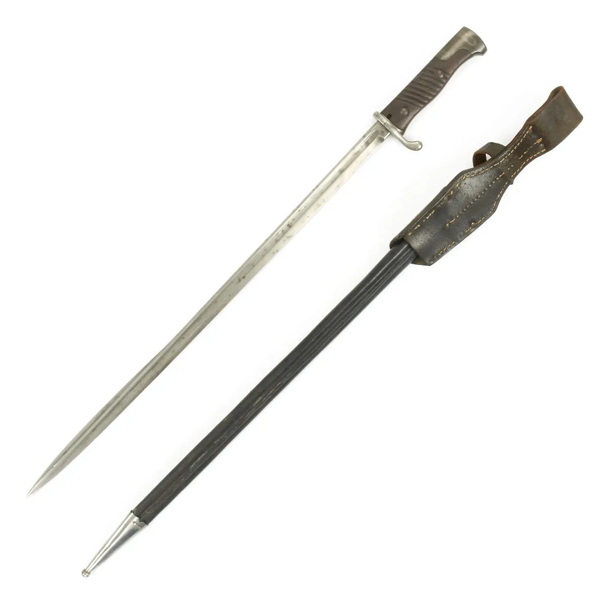 Original German-made M1898 n/A Peruvian GEW 98 Mauser Bayonet with Leather Scabbard and Frog - c.1909