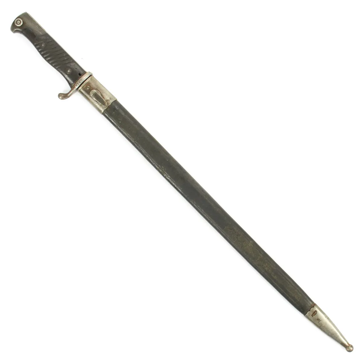 Original German WWI M1898 n/A Long GEW 98 Peruvian Contract Bayonet with Leather Scabbard - c.1909