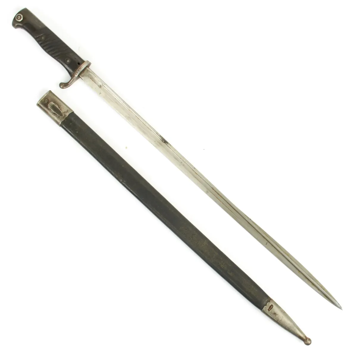 Original German WWI M1898 n/A Long GEW 98 Peruvian Contract Bayonet with Leather Scabbard - c.1909