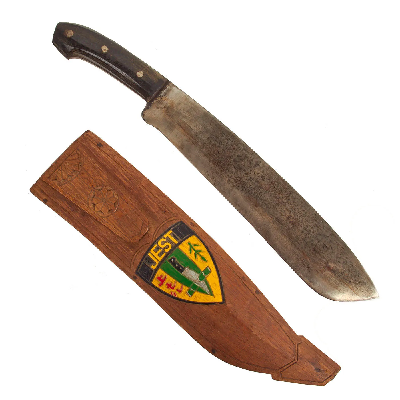 Original U.S. Vietnam War Custom Bolo Knife with Scabbard marked to Jungle Environment Survival Training Camp in the Philippines