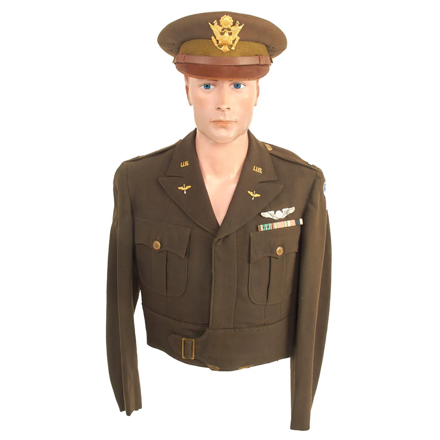 Original U.S. WWII Army Air Corps Aircraft Observer Named Custom Tailored Ike Jacket With English Made Bullion Patch and Peaked Visor - 1st Lieutenant Hauck