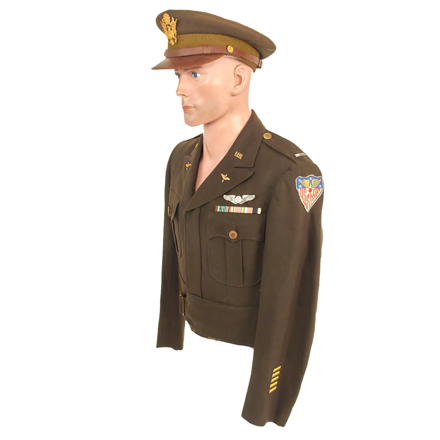 Original U.S. WWII Army Air Corps Aircraft Observer Named Custom Tailored Ike Jacket With English Made Bullion Patch and Peaked Visor - 1st Lieutenant Hauck