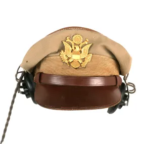 Original U.S. WWII Army Air Force Officer Tan Crusher Cap by Lewis With HB-7 Headset - Size 7 ⅜