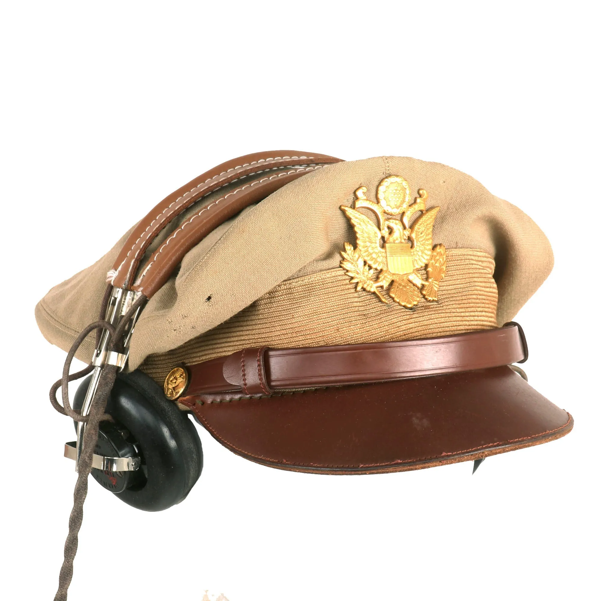 Original U.S. WWII Army Air Force Officer Tan Crusher Cap by Lewis With HB-7 Headset - Size 7 ⅜