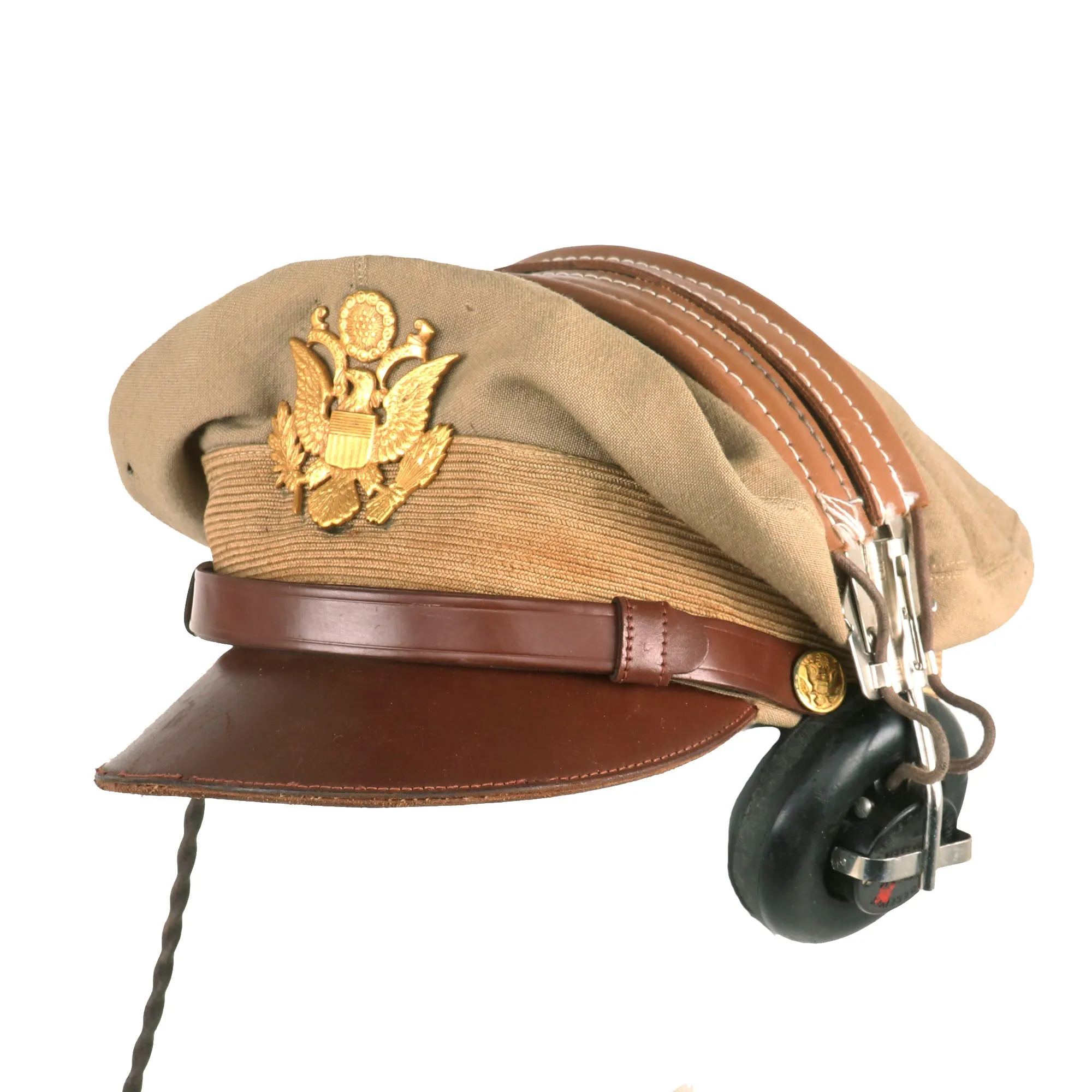 Original U.S. WWII Army Air Force Officer Tan Crusher Cap by Lewis With HB-7 Headset - Size 7 ⅜