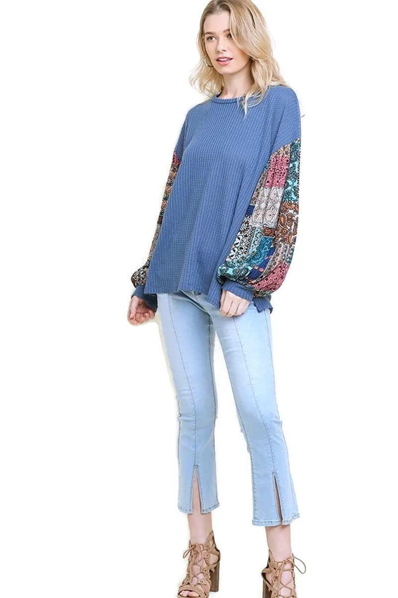 Paisley Print Waffle Knit Top, Blue