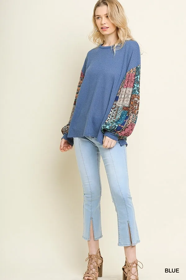 Paisley Print Waffle Knit Top, Blue