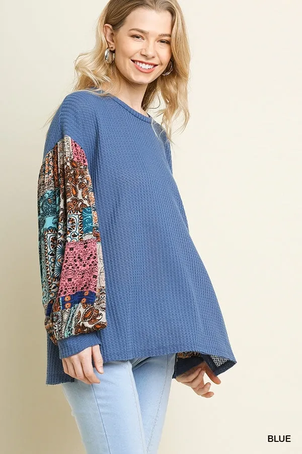 Paisley Print Waffle Knit Top, Blue