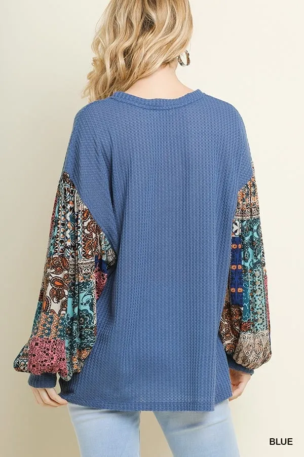 Paisley Print Waffle Knit Top, Blue