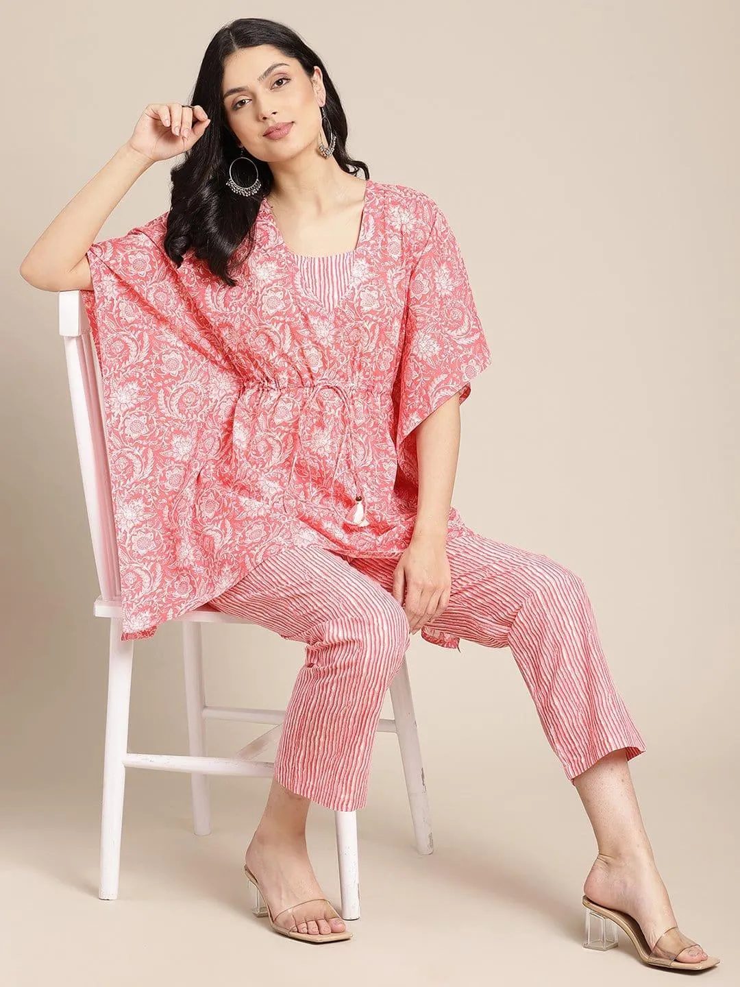 Peach Floral Printed Kaftaan With Straight Pants