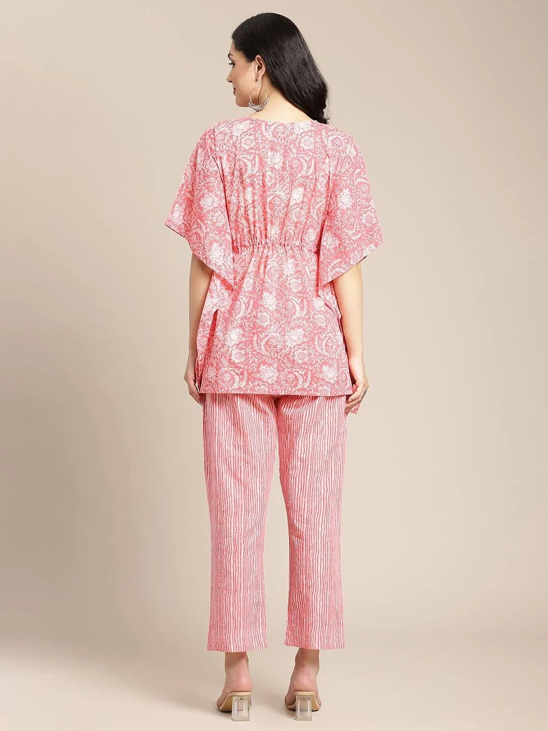 Peach Floral Printed Kaftaan With Straight Pants