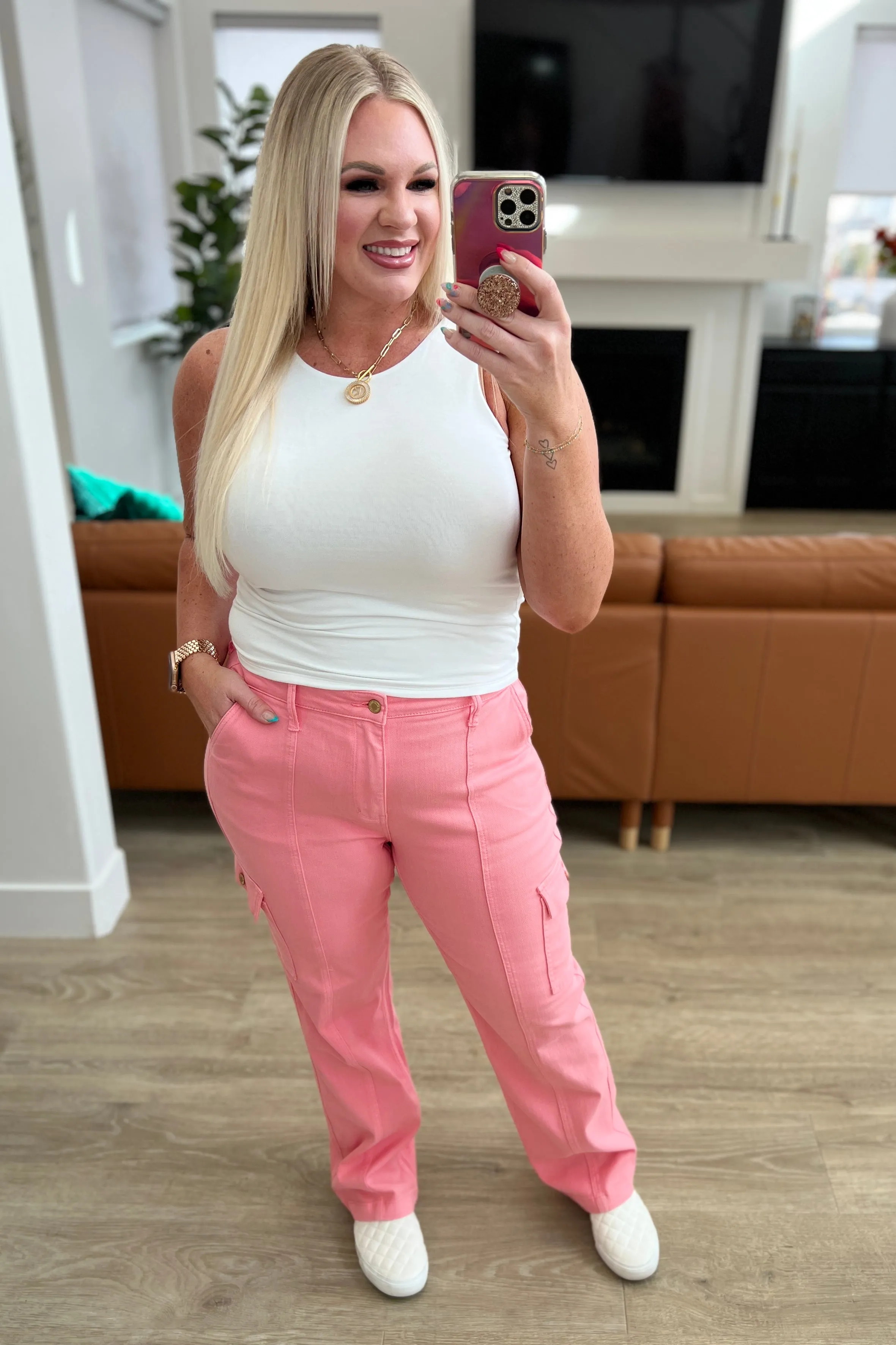 Peggy High Rise Cargo Straight Jeans in Pink