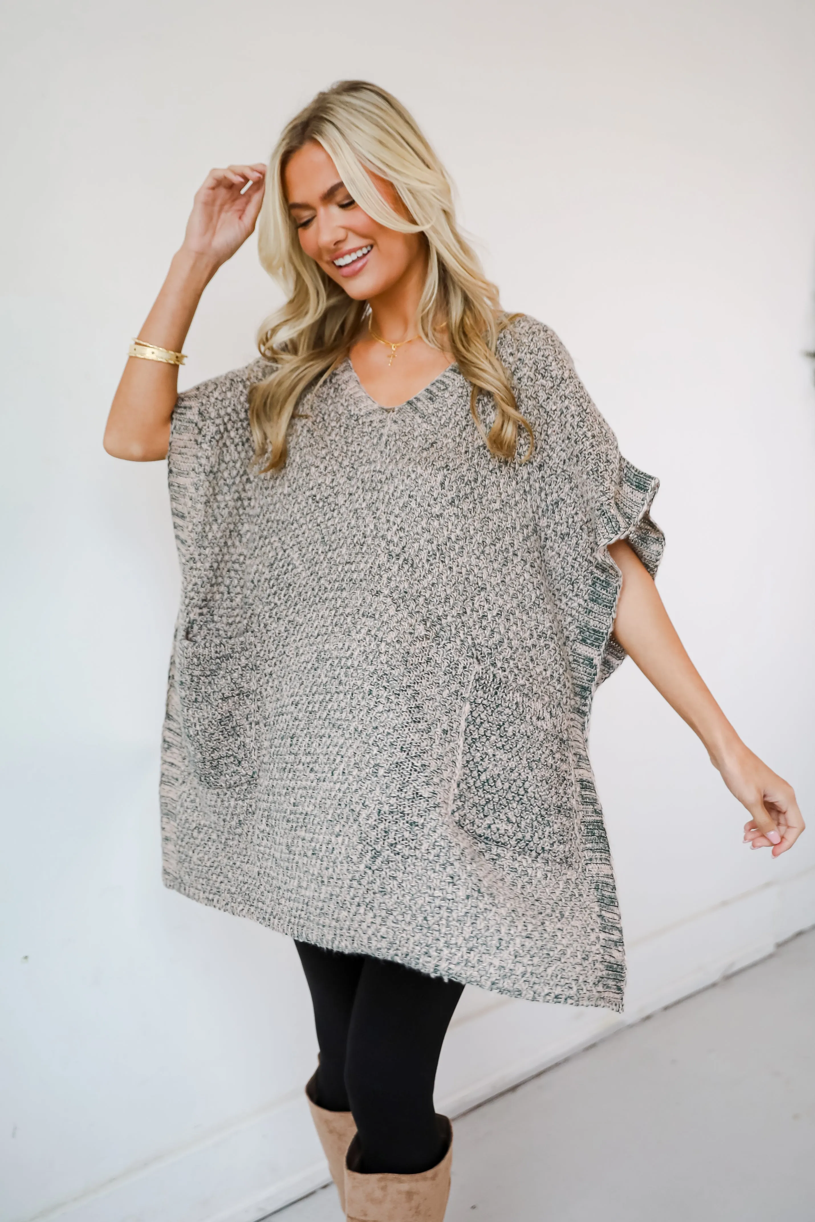 Perfectly Toasty Taupe Knit Poncho - DOORBUSTER