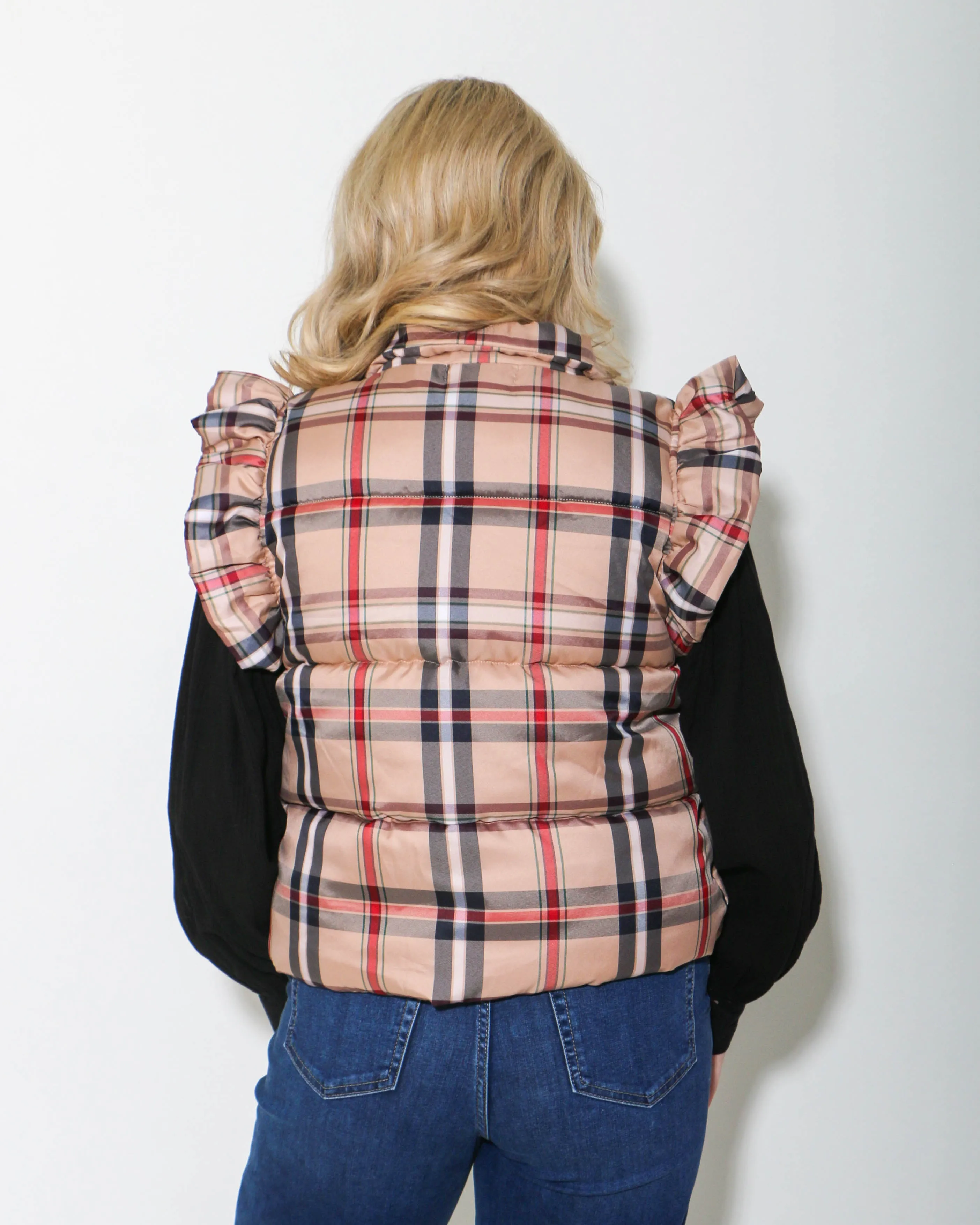 Plaid Puffer Vest with Bow Ties