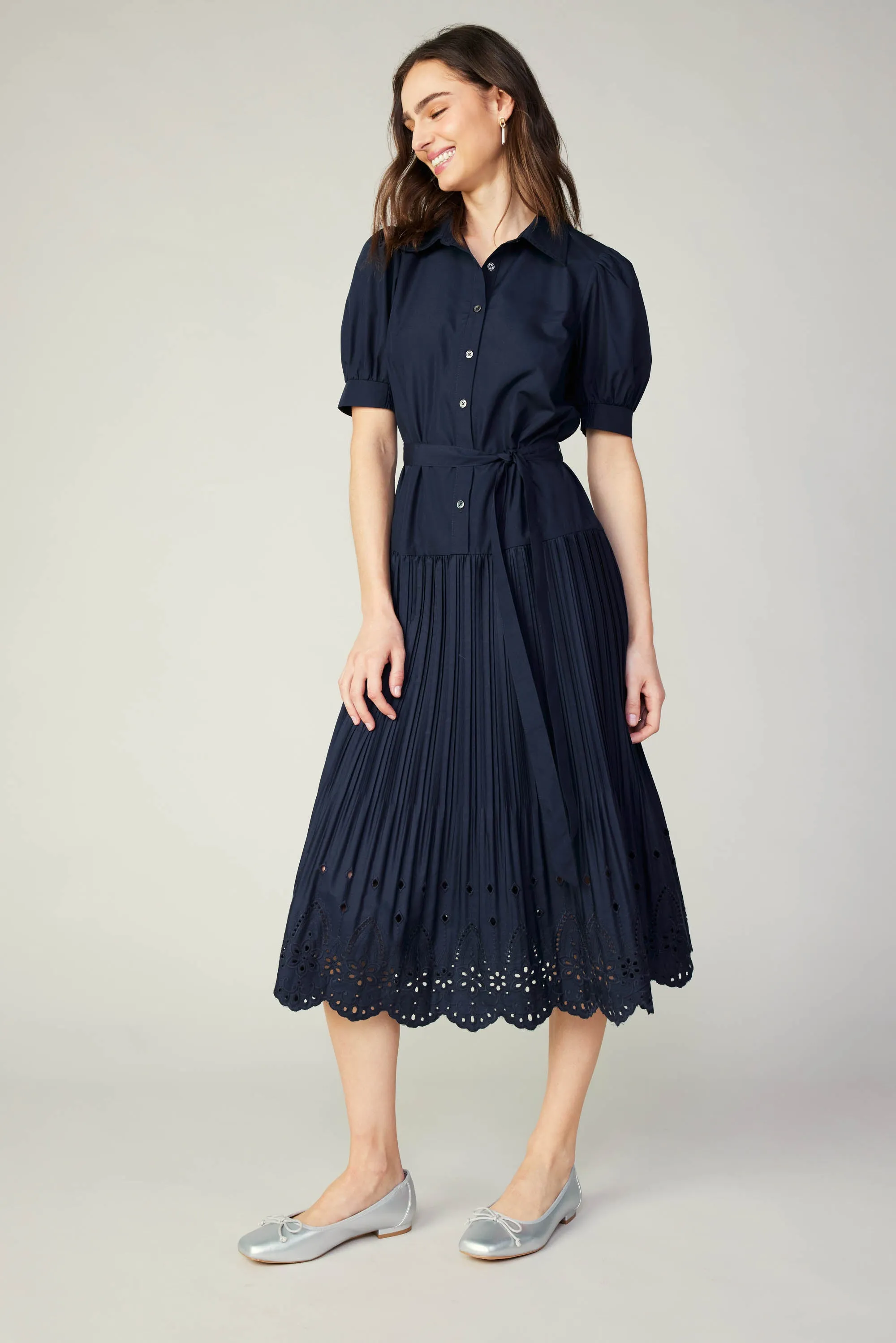 Pleated Eyelet Midi Dress