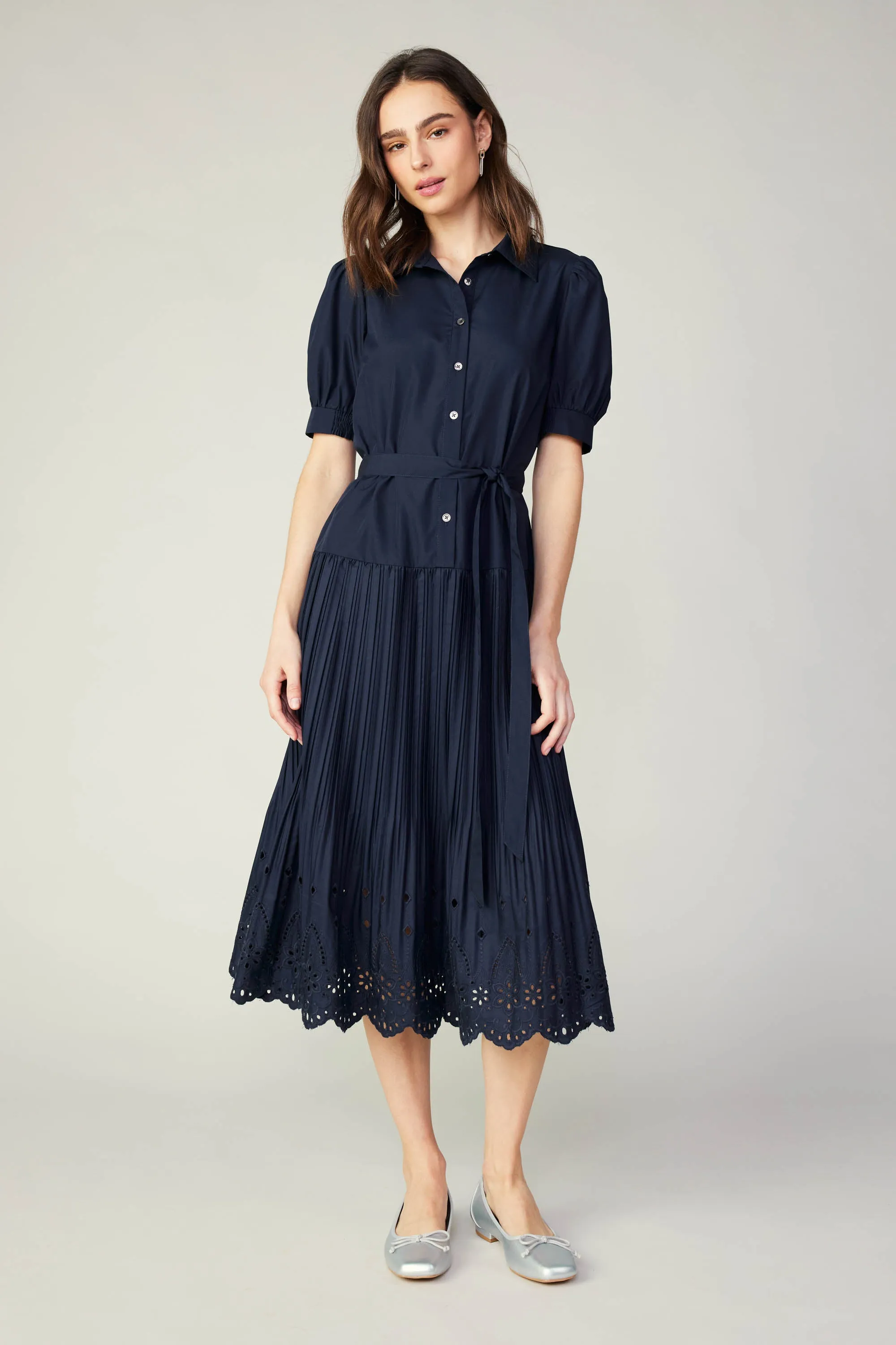 Pleated Eyelet Midi Dress