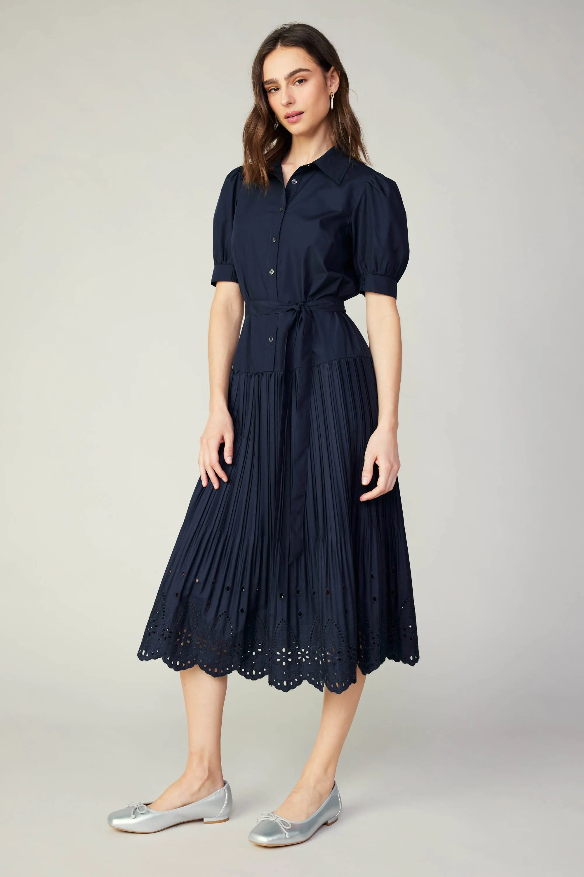 Pleated Eyelet Midi Dress