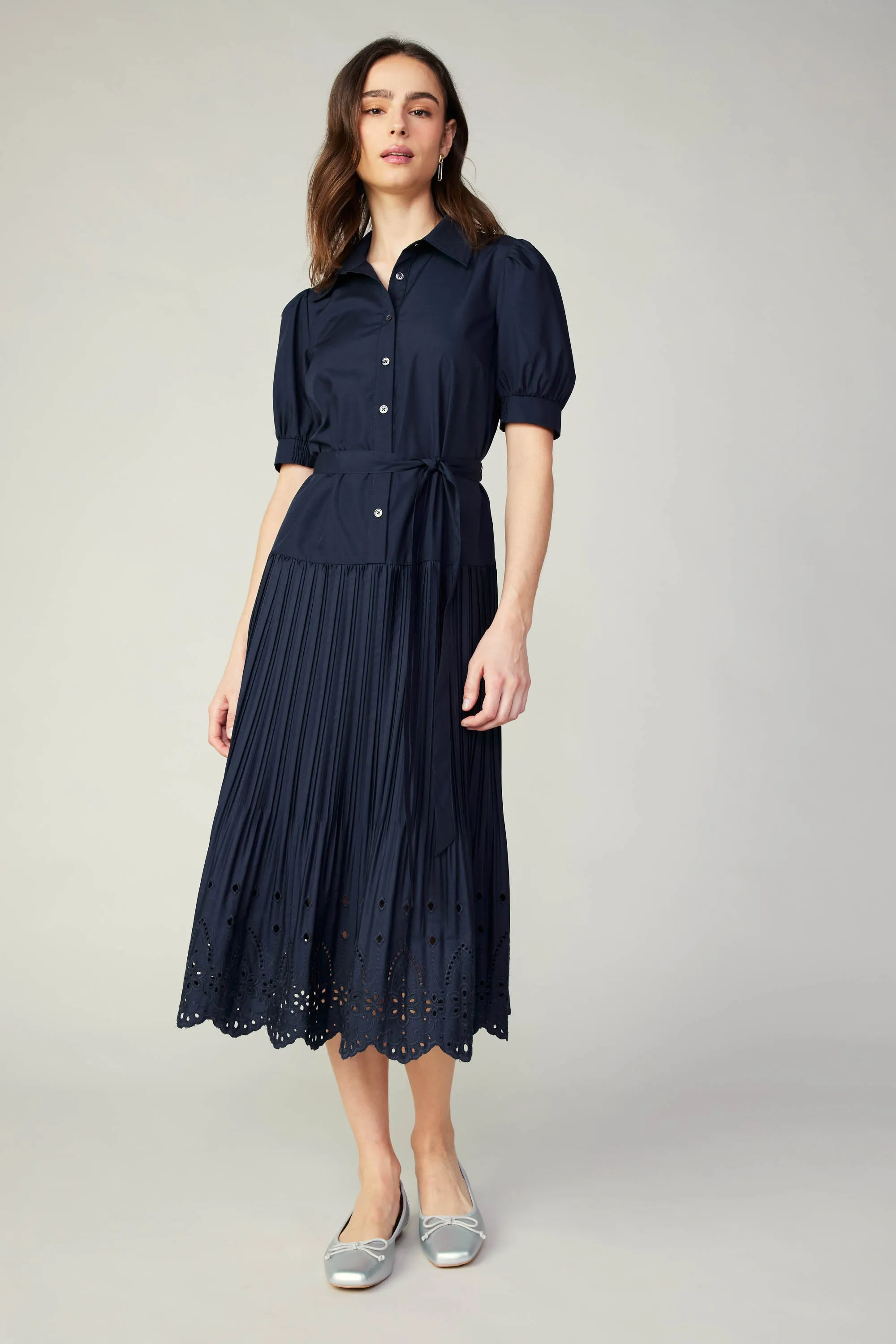 Pleated Eyelet Midi Dress