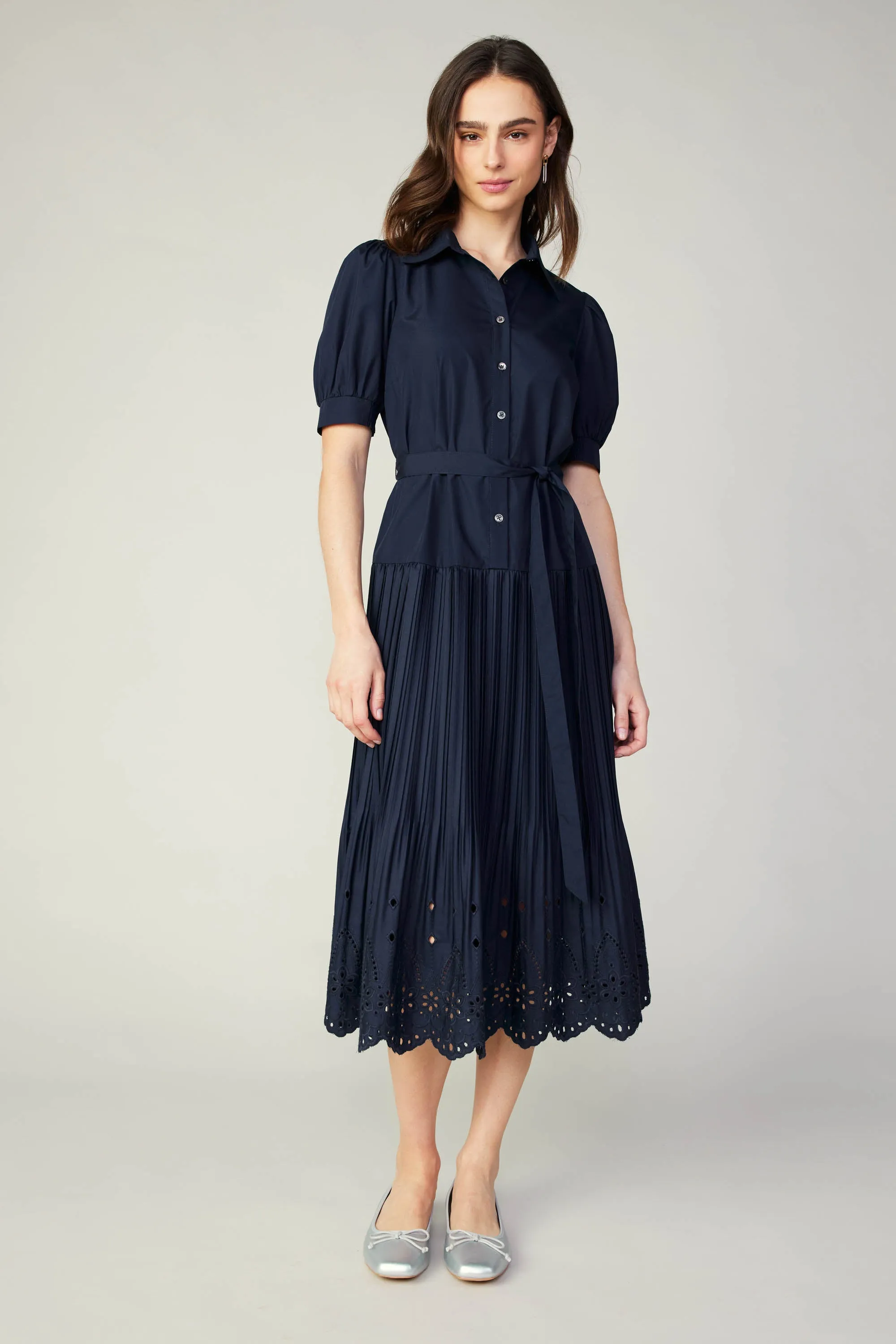 Pleated Eyelet Midi Dress