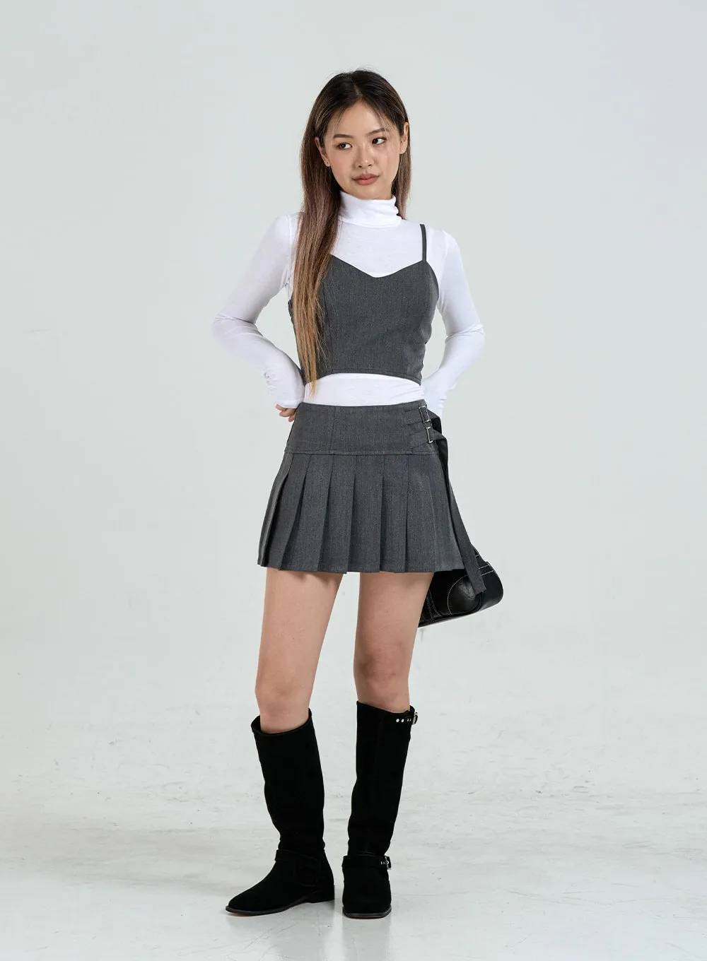 Pleated Side Belt Mini Skirt CO12