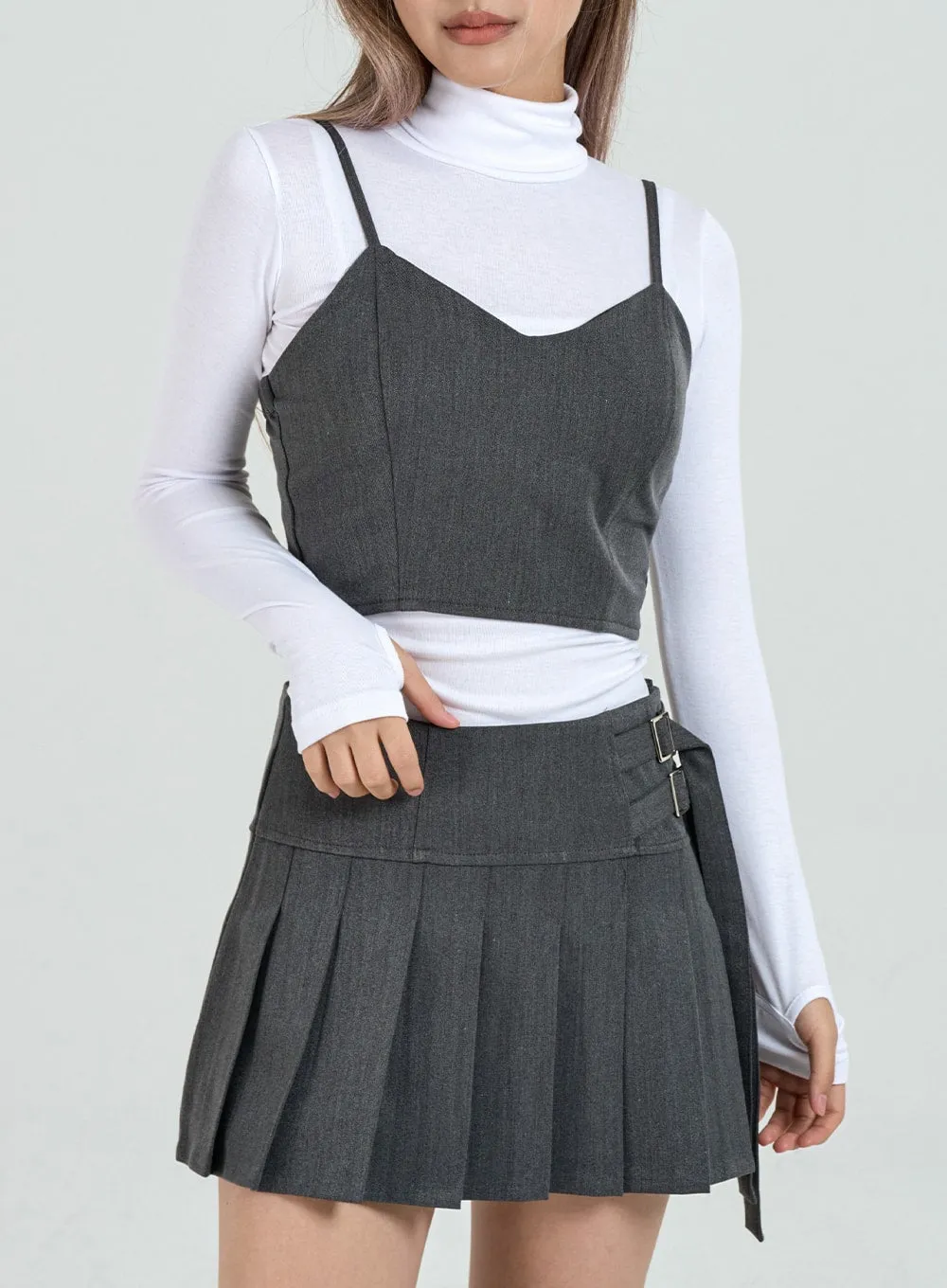 Pleated Side Belt Mini Skirt CO12