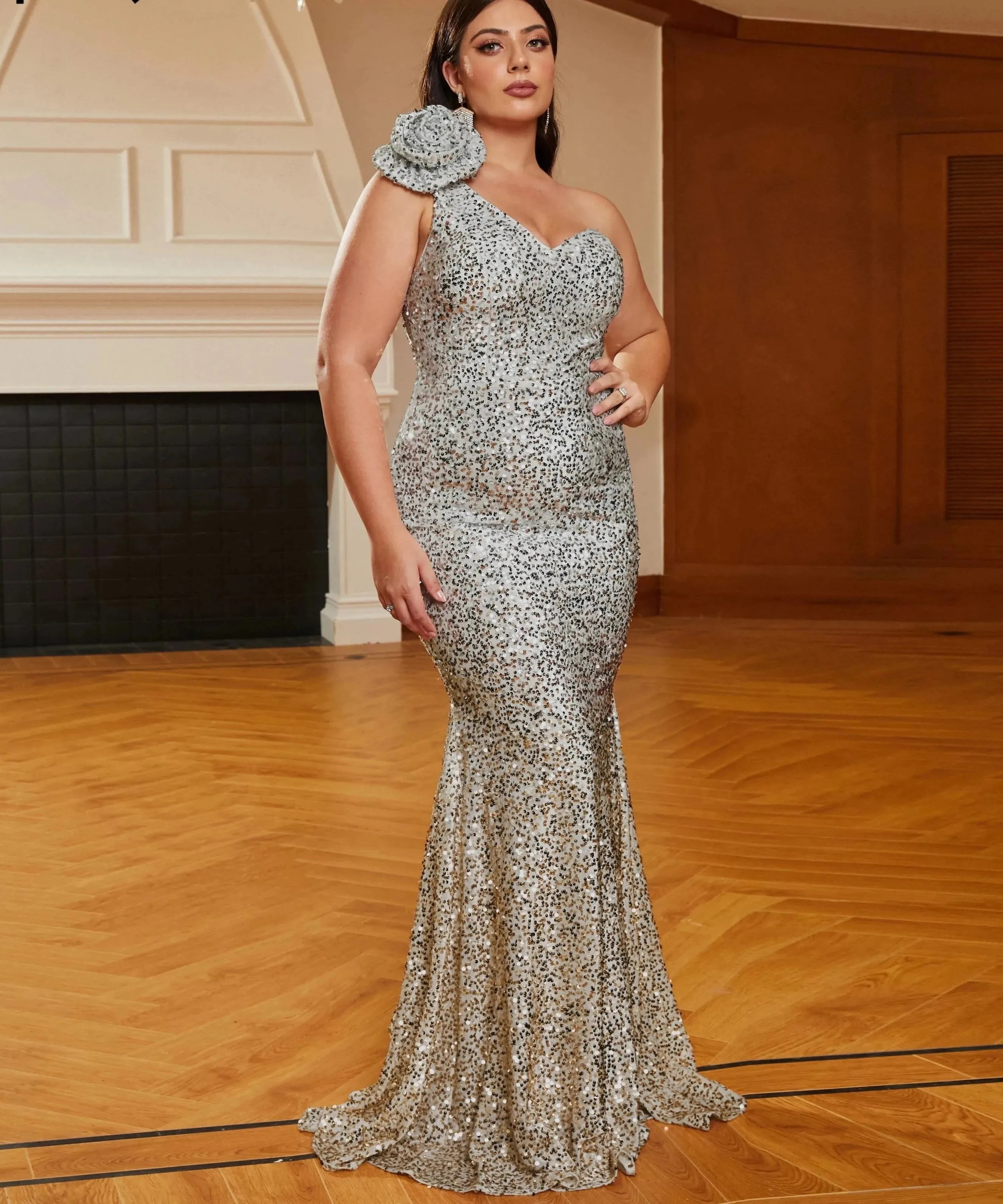 Plus Size Sequin Evening Dress One Shoulder Bodcyon Mermaid Party Gown