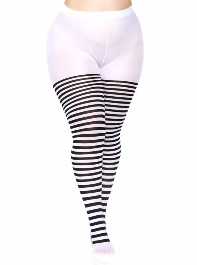 Plus Size Striped Tights in Black & White