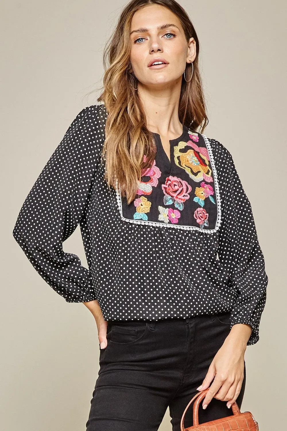 Polka Dot & Floral Embroidered Top