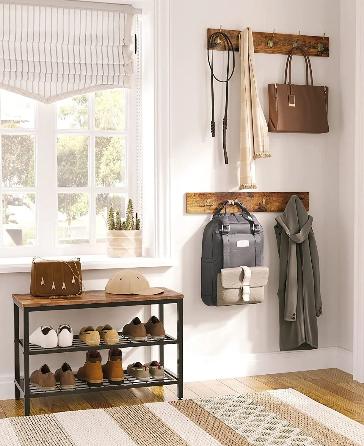 Portable Foldable Shoe Rack & Coat Hooks Organizer - Brown