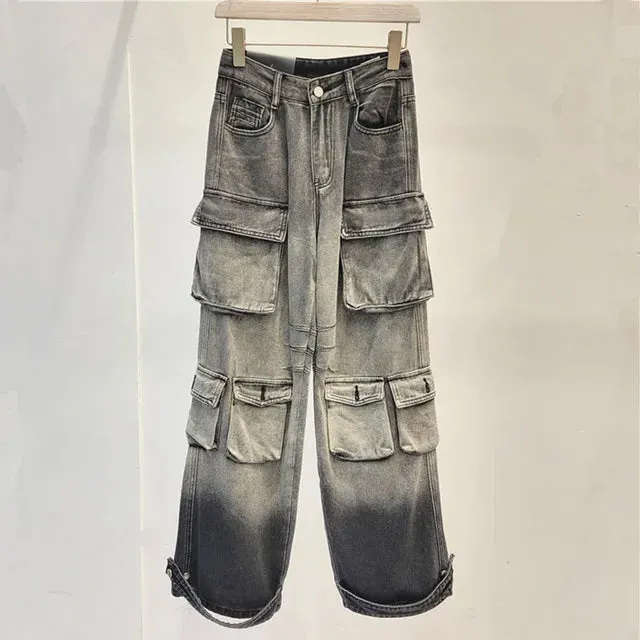 Pre Order:  Multi Pocket Wide Leg Cargo Jeans