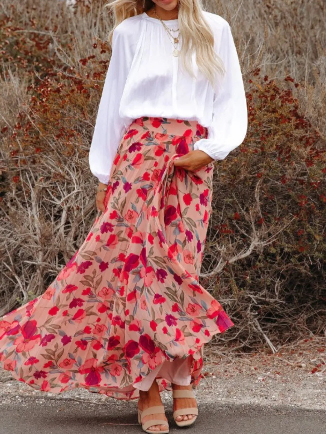 Printed Elastic Waist Pleated Maxi Skirt