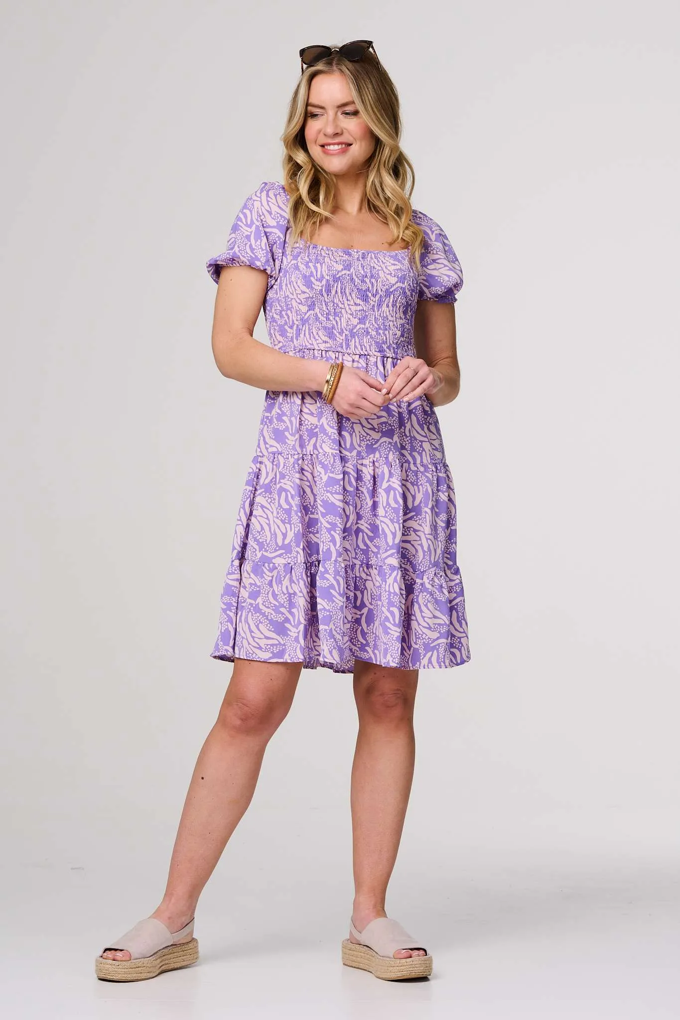 Printed Short Bardot Smock Dress