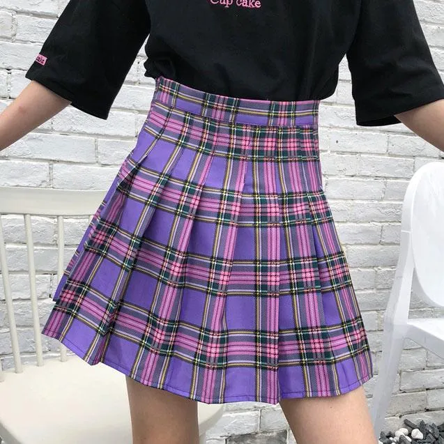 Purple Pleated Plaid Skirt SD00607